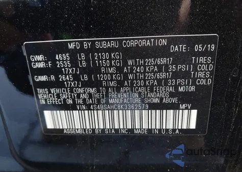 2019 Subaru Outback 2.5I Premium z USA, uszkodzony, nr VIN 4S4BSAHC8K3362579